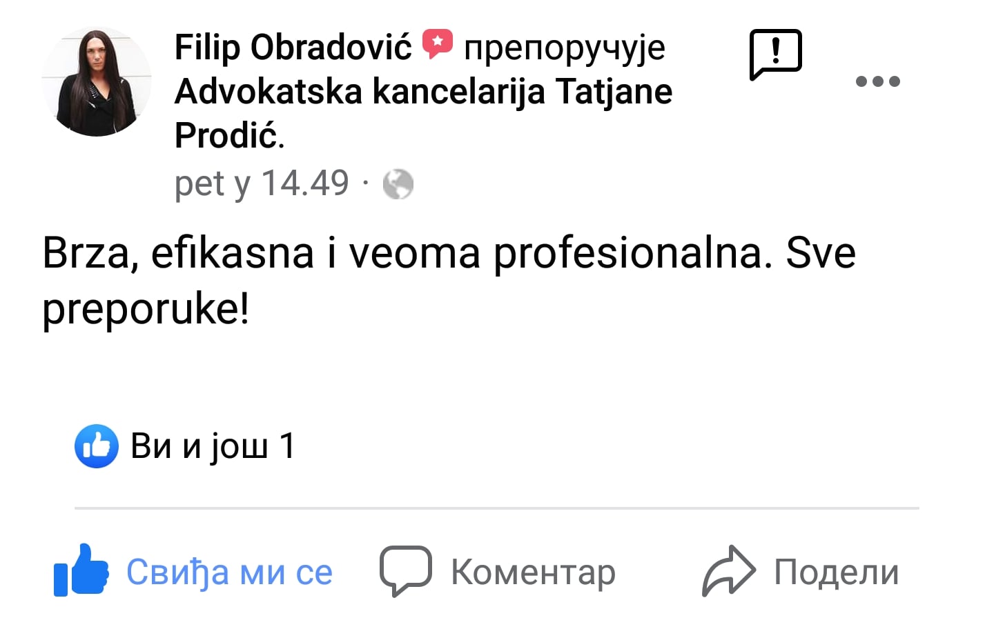 Preporuka za advokatsku kancelariju Tatjane Prodić Novi Sad